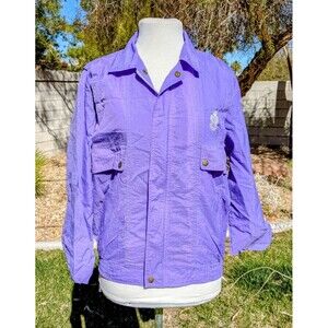 Women's Petite Med Lilac Windbreaker Zip-Up Retro Bomber Jacket Light Coat EUC